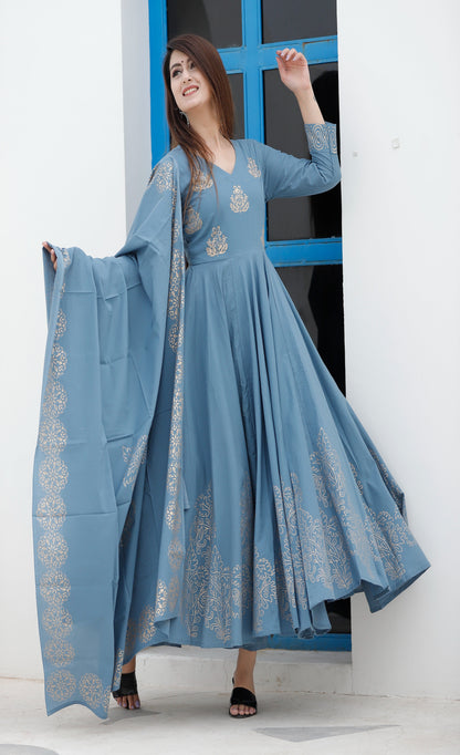 Women's Steel Blue Hand Block Anarkali Set