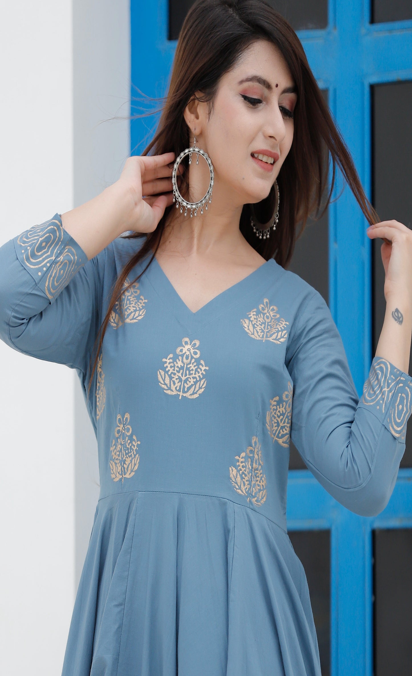 Women's Steel Blue Hand Block Anarkali Set