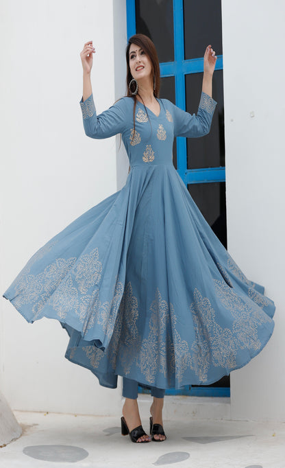 Women's Steel Blue Hand Block Anarkali Set