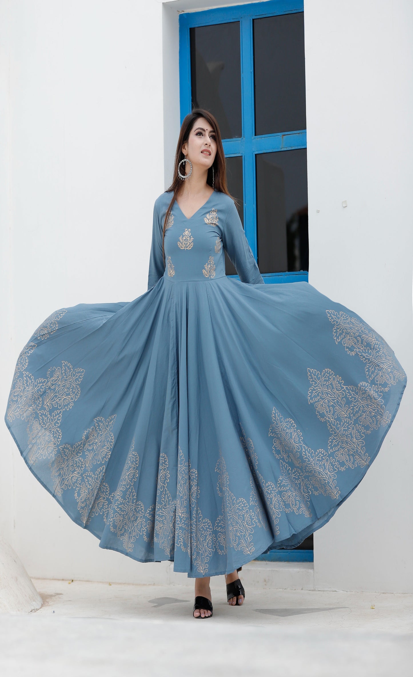 Women's Steel Blue Hand Block Anarkali Set