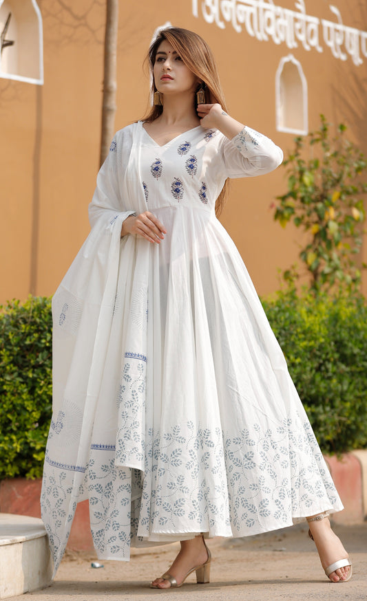 Women's White Block Print Anarkali Set