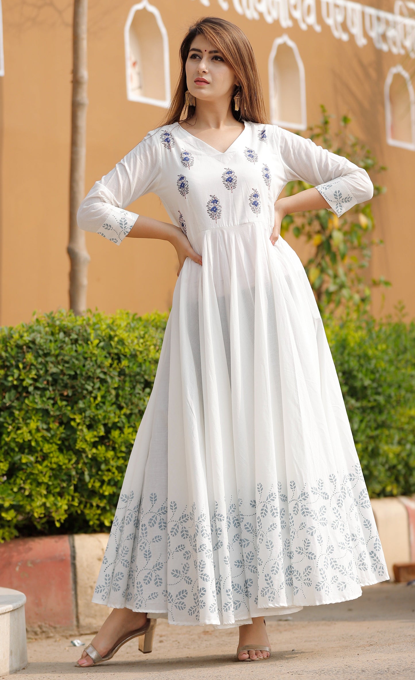 Women's White Block Print Anarkali Set