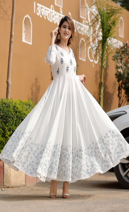 Women's White Block Print Anarkali Set