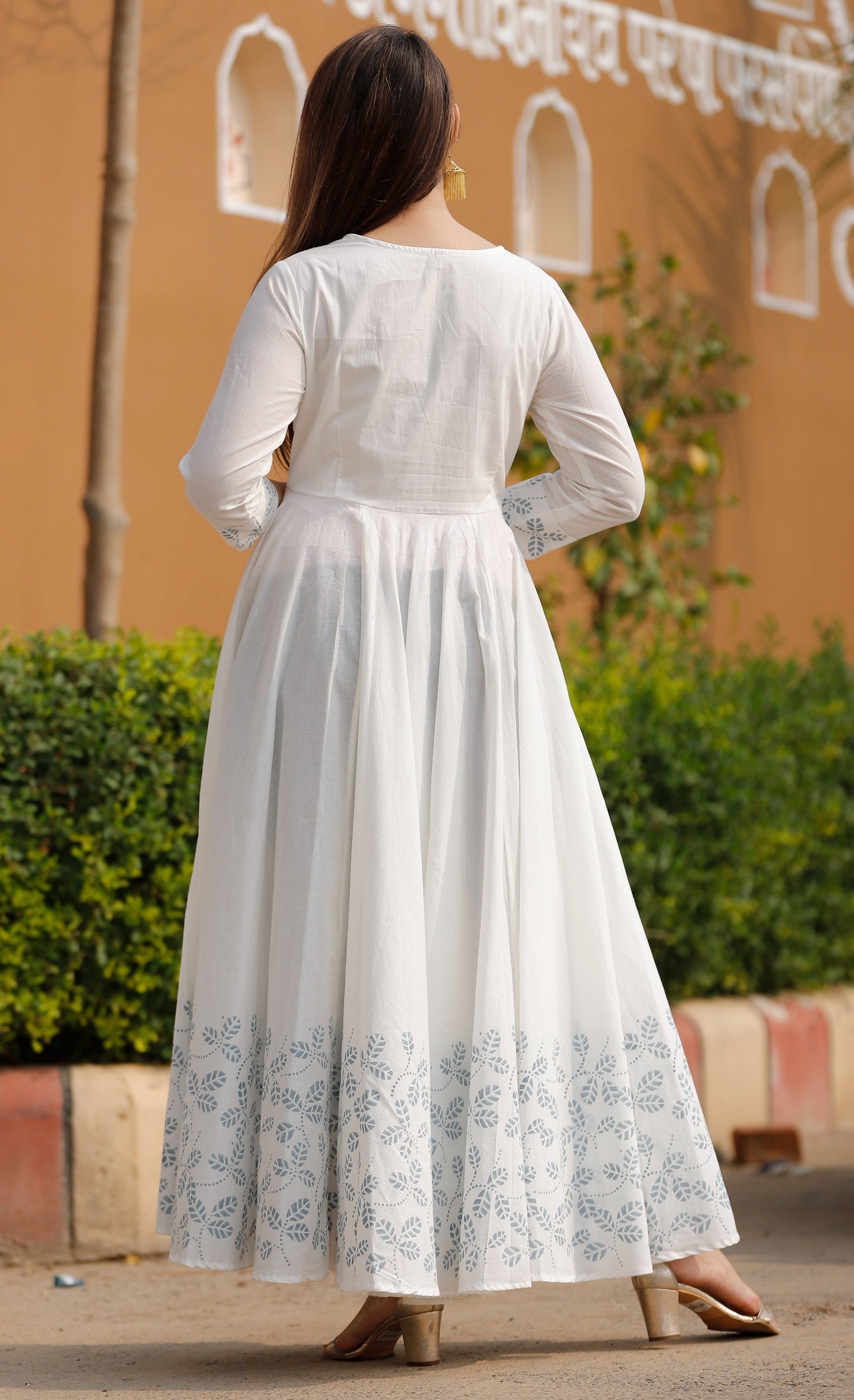 Women's White Block Print Anarkali Set