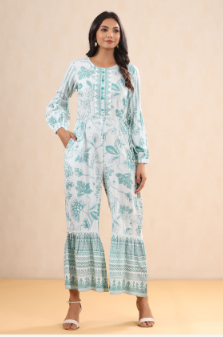 Women's Teal Rayon Printed Ethnic Jumpsuit with Belt