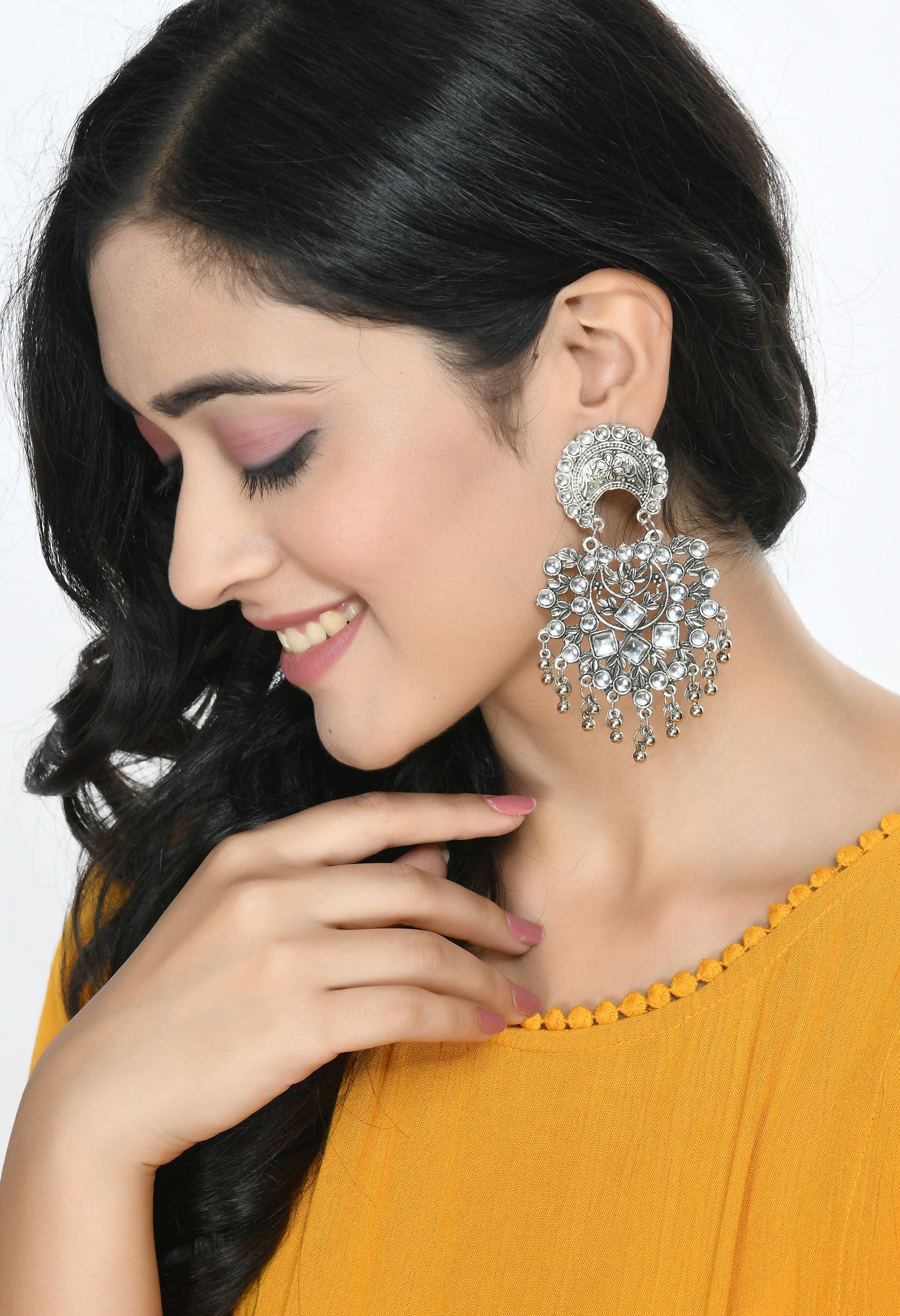 Trendia Silver color base with Kundan & Ghungru Earrings Jker_119