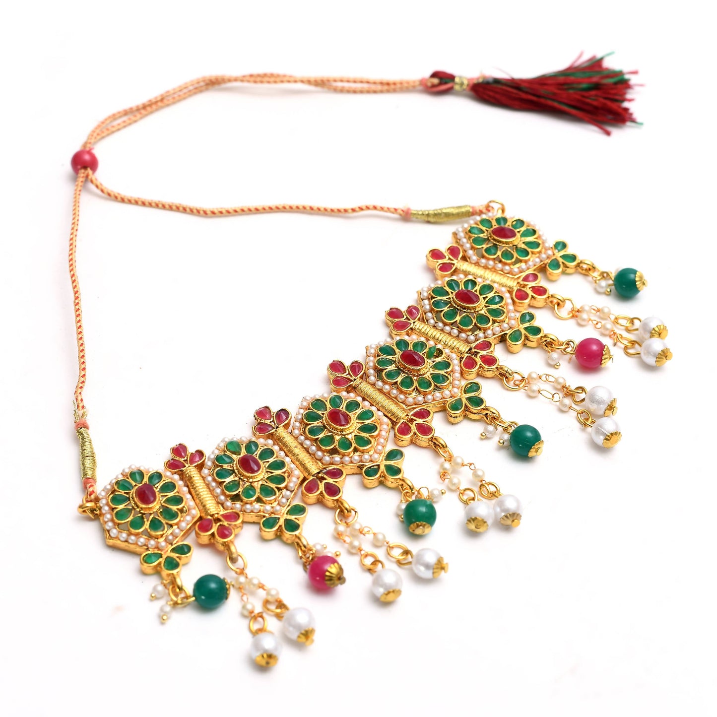 Gold-Plated Chokar Jaipuri Necklace Multi color with Earrings Jkms_117