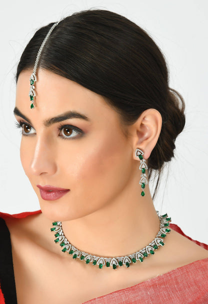 American Diamond Silver-Plated Green Ruby Jewellery Set Jkms_027