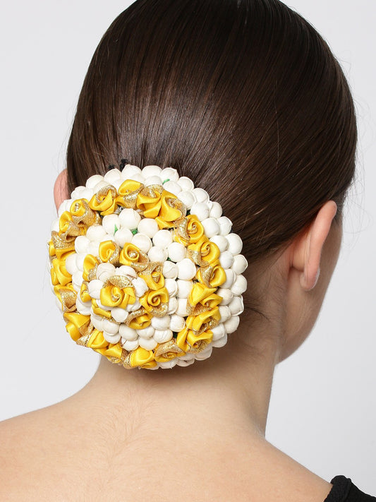 Women's  Artificial Yellow Rose And Off-White Buds Bun maker Hair Accessories