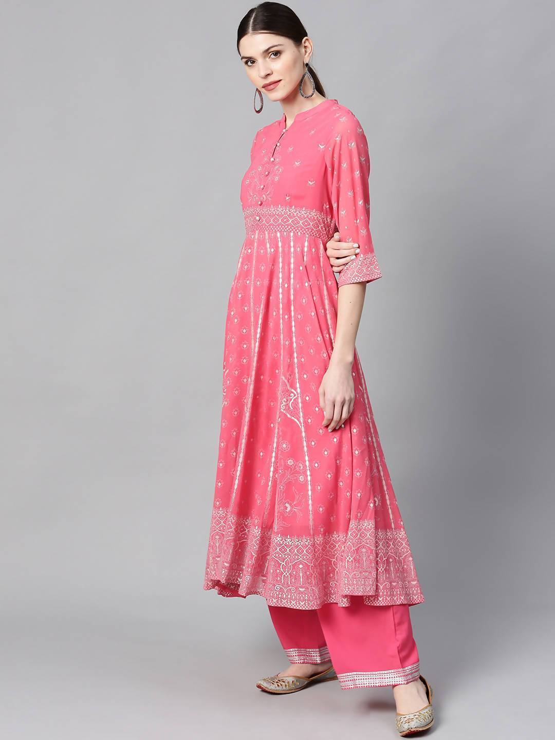 Women's Coral Georgette Printed Anarkali Kurta With Palazzo