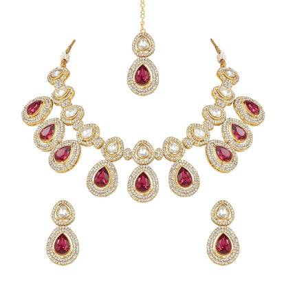 Women's 18K Gold Plated Traditional Kundan & Stone Studded Choker Necklace Jewellery Set with Earrings & Maang Tikka