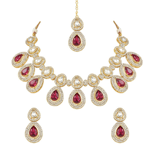 Women's 18K Gold Plated Traditional Kundan & Stone Studded Choker Necklace Jewellery Set with Earrings & Maang Tikka