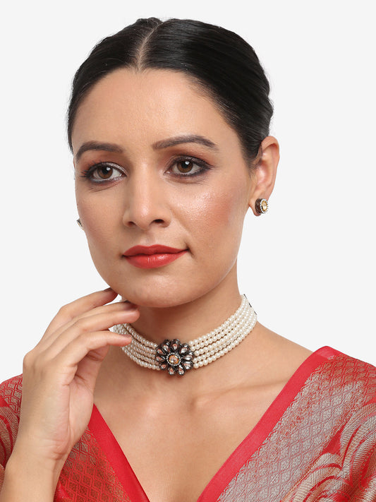 Women's Silver Kundan Pearl Choker With Studs