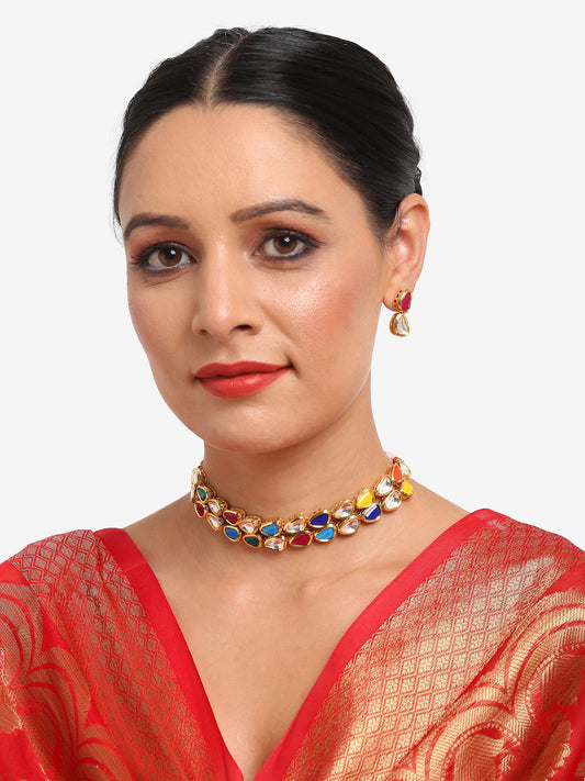 Women's Multi Kundan Choker With Earrings