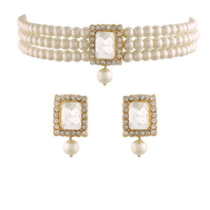 Women's  Gold Plated Traditional Handcrafted White Stone Studded Pearl Choker Necklace Jewellery Set With Earrings