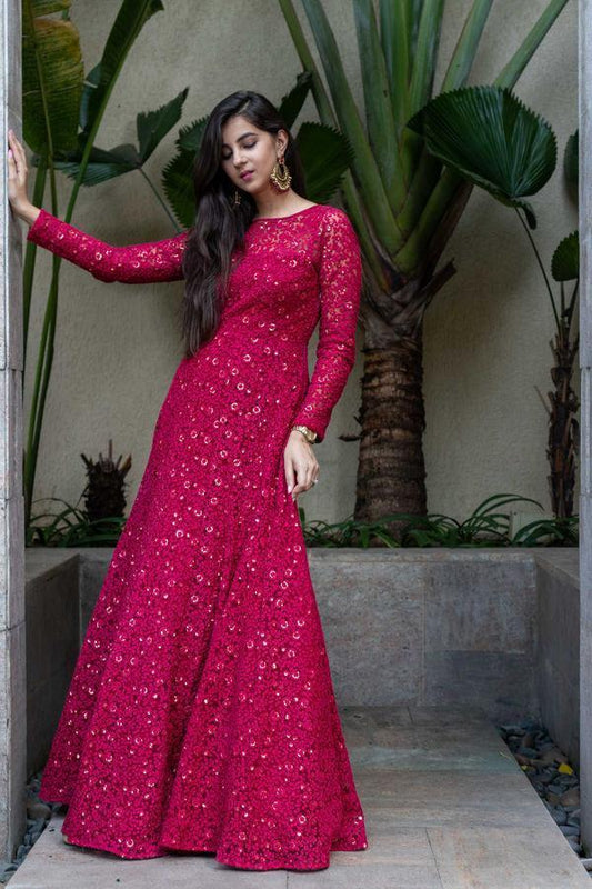 Women's Deep Red Thread Work Gown - Label Shaurya Sanadhya