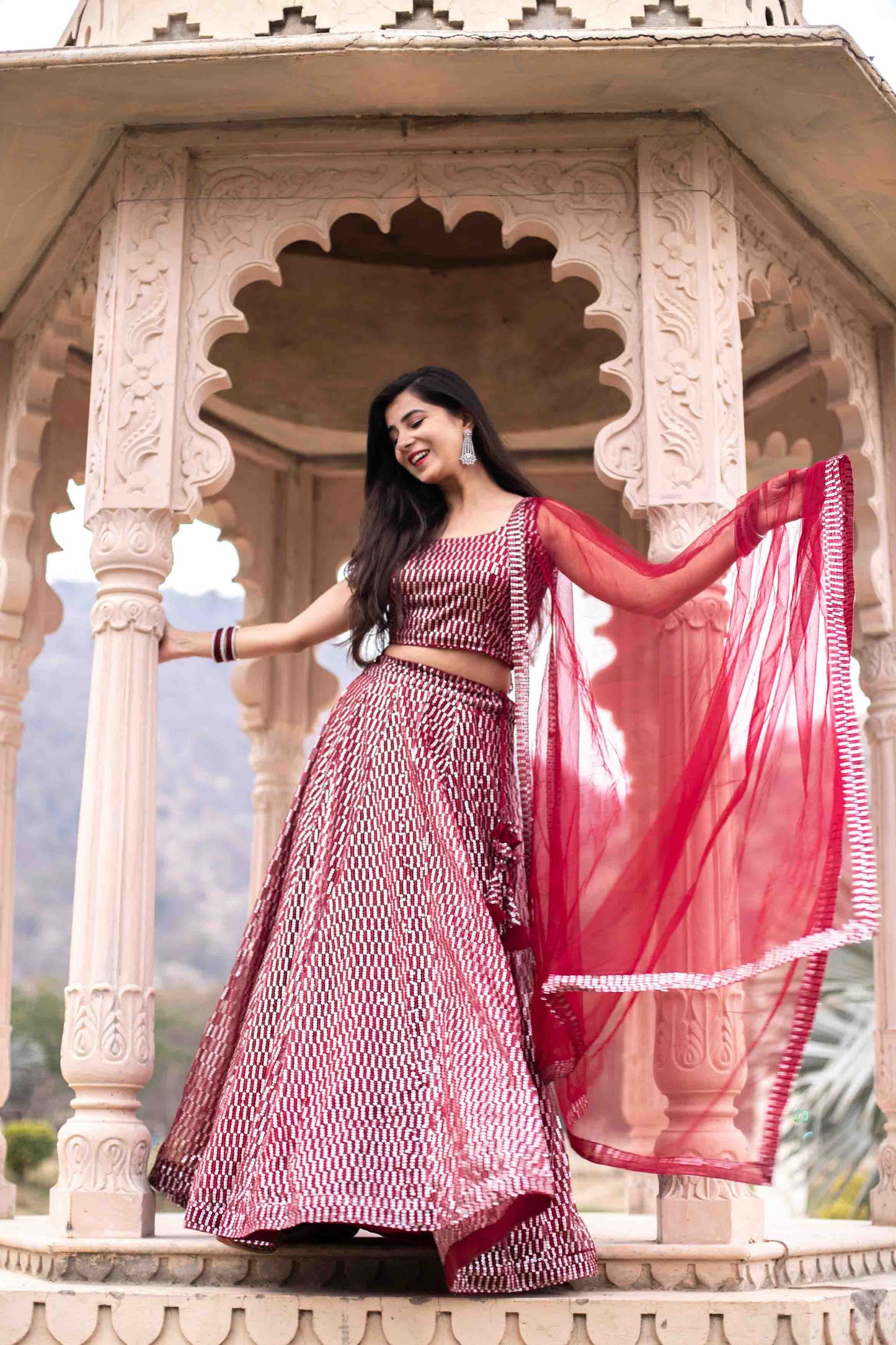 Women's Red Sequin Lehenga Set by Label Shaurya Sanadhya (3pc Set)