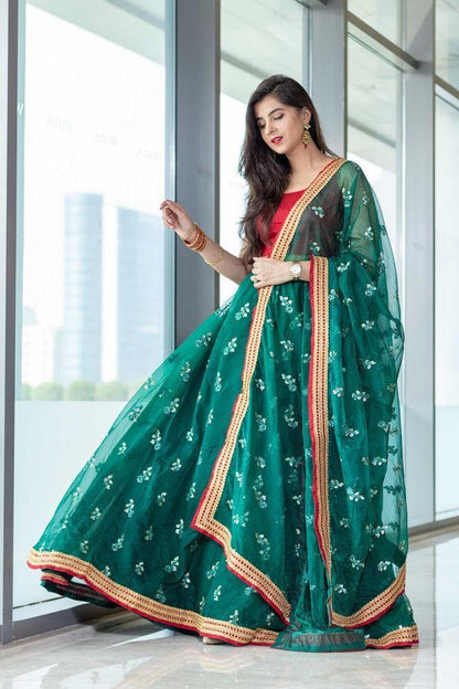 Women's Bottle Green And Red Lehenga Set (3pcs set) - Label Shaurya Sanadhya