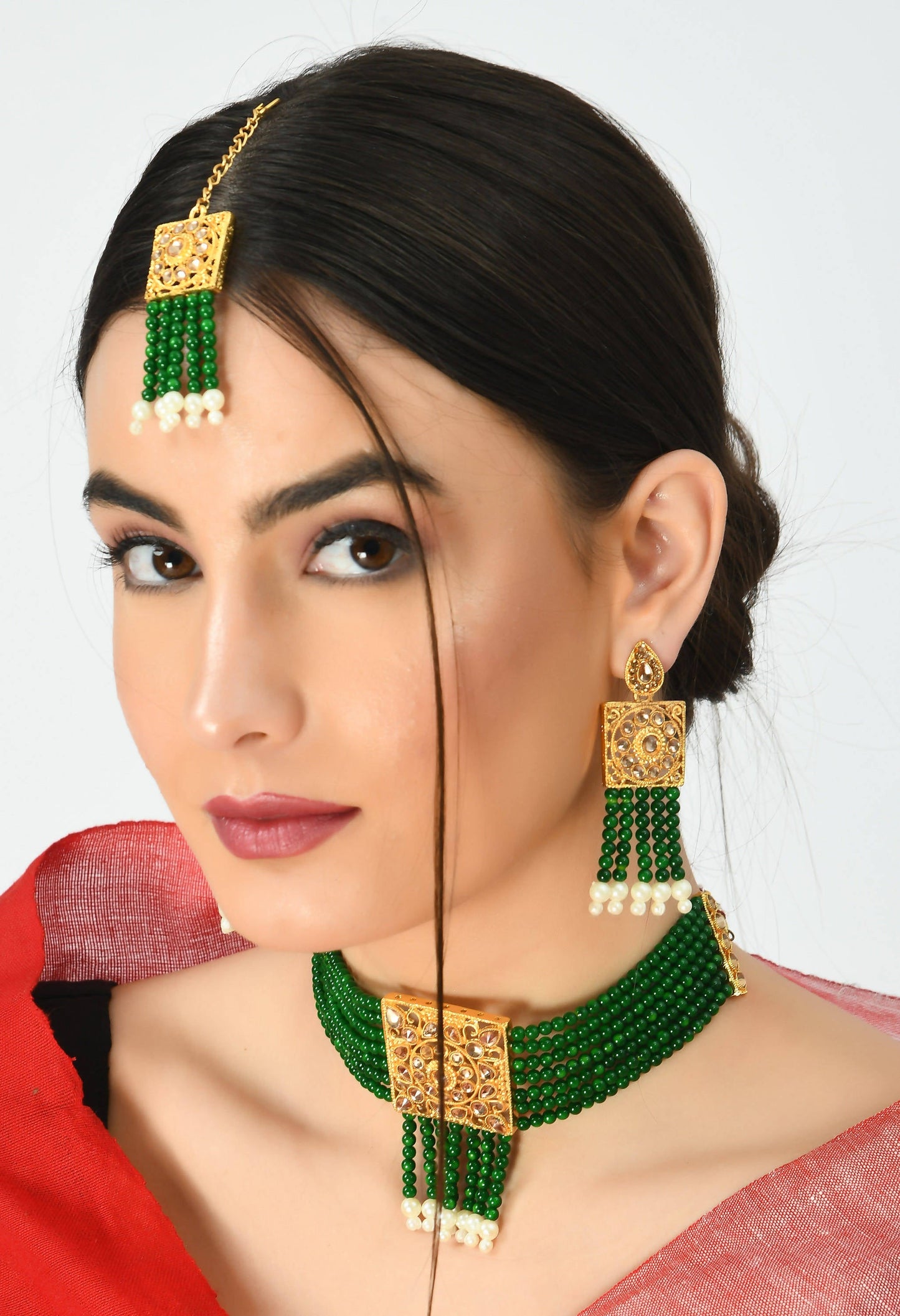 Traditional Green Color Kundan & Pearls Necklace Set Jkms_035