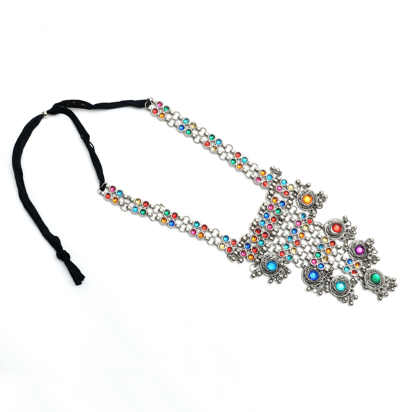 Silver-Plated Multi Color Kundan Necklace with Earrings Jkms_109