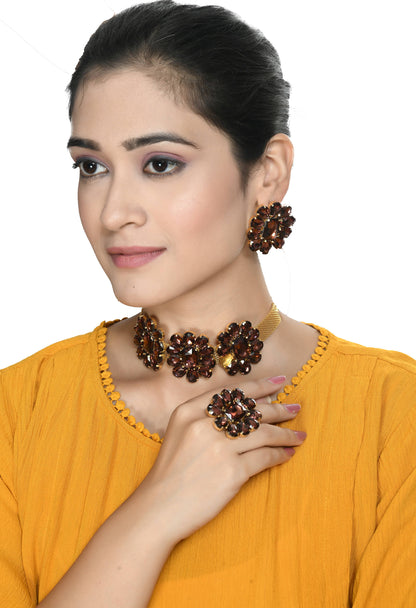 Designer Golden Plating Choker Set with Earrings and Ring Jkms_176