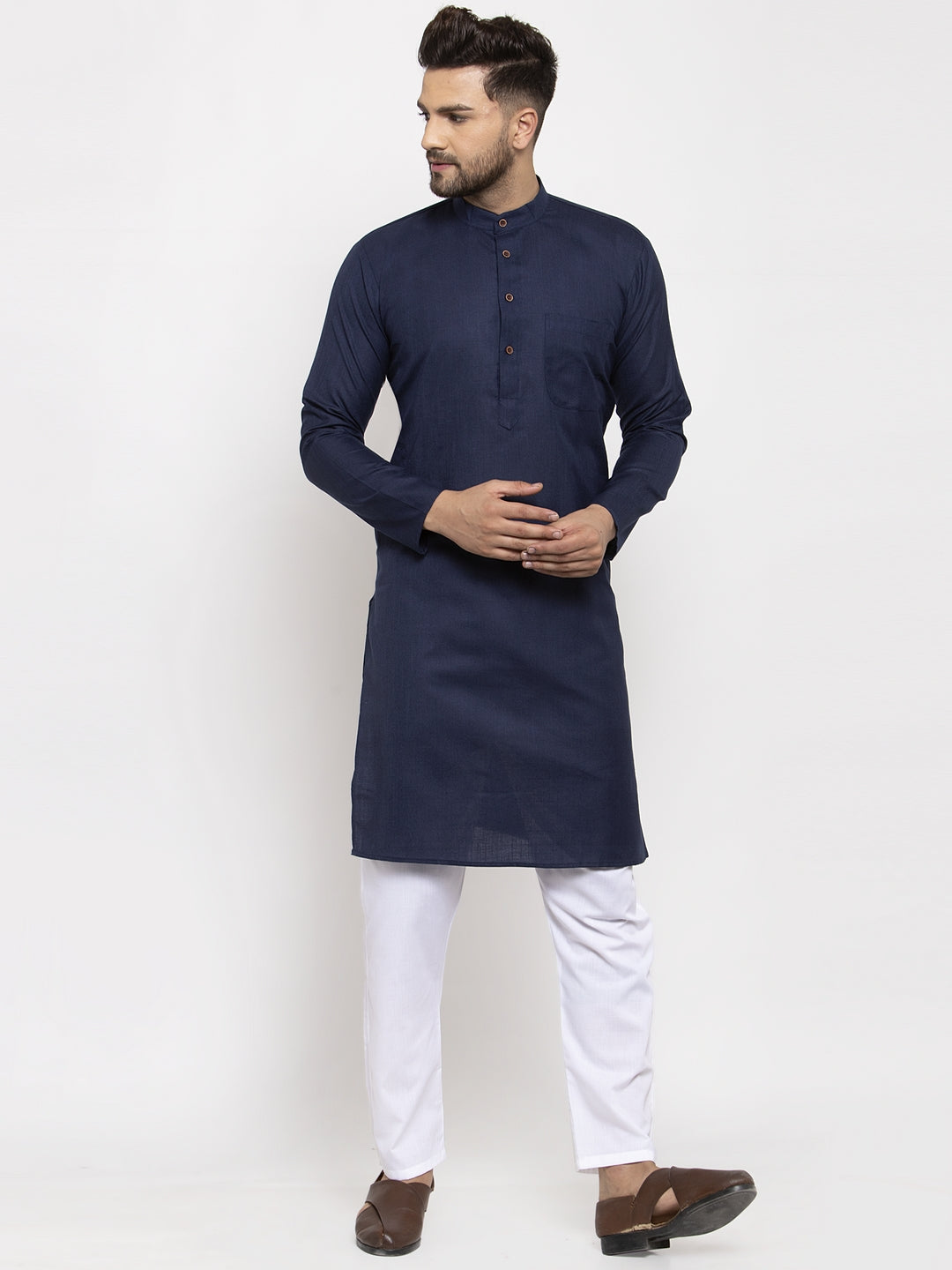 Men's Navy Blue & White Solid Kurta Only ( KO 532 Navy )