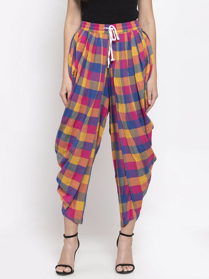 Women's Pink and Yellow Checked Dhoti