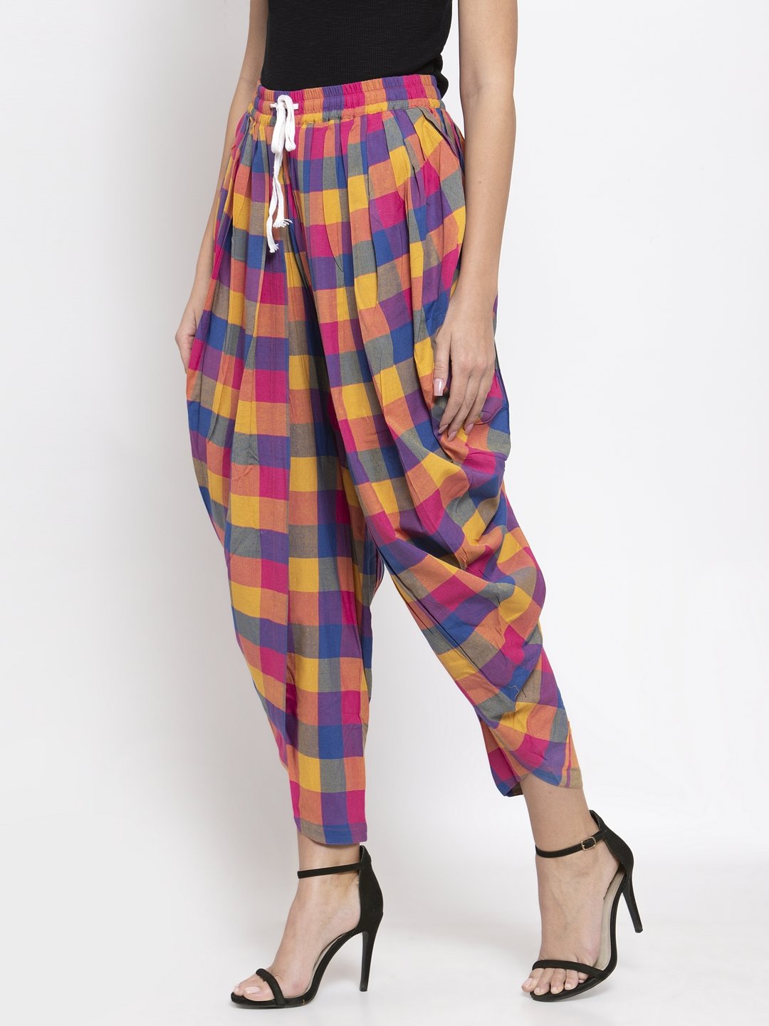 Women's Pink and Yellow Checked Dhoti