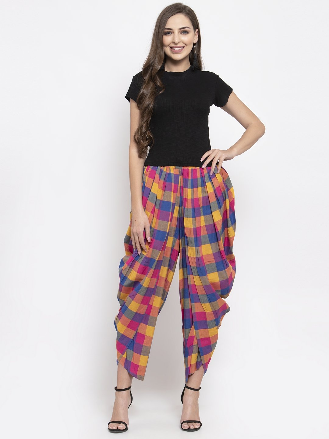 Women's Pink and Yellow Checked Dhoti