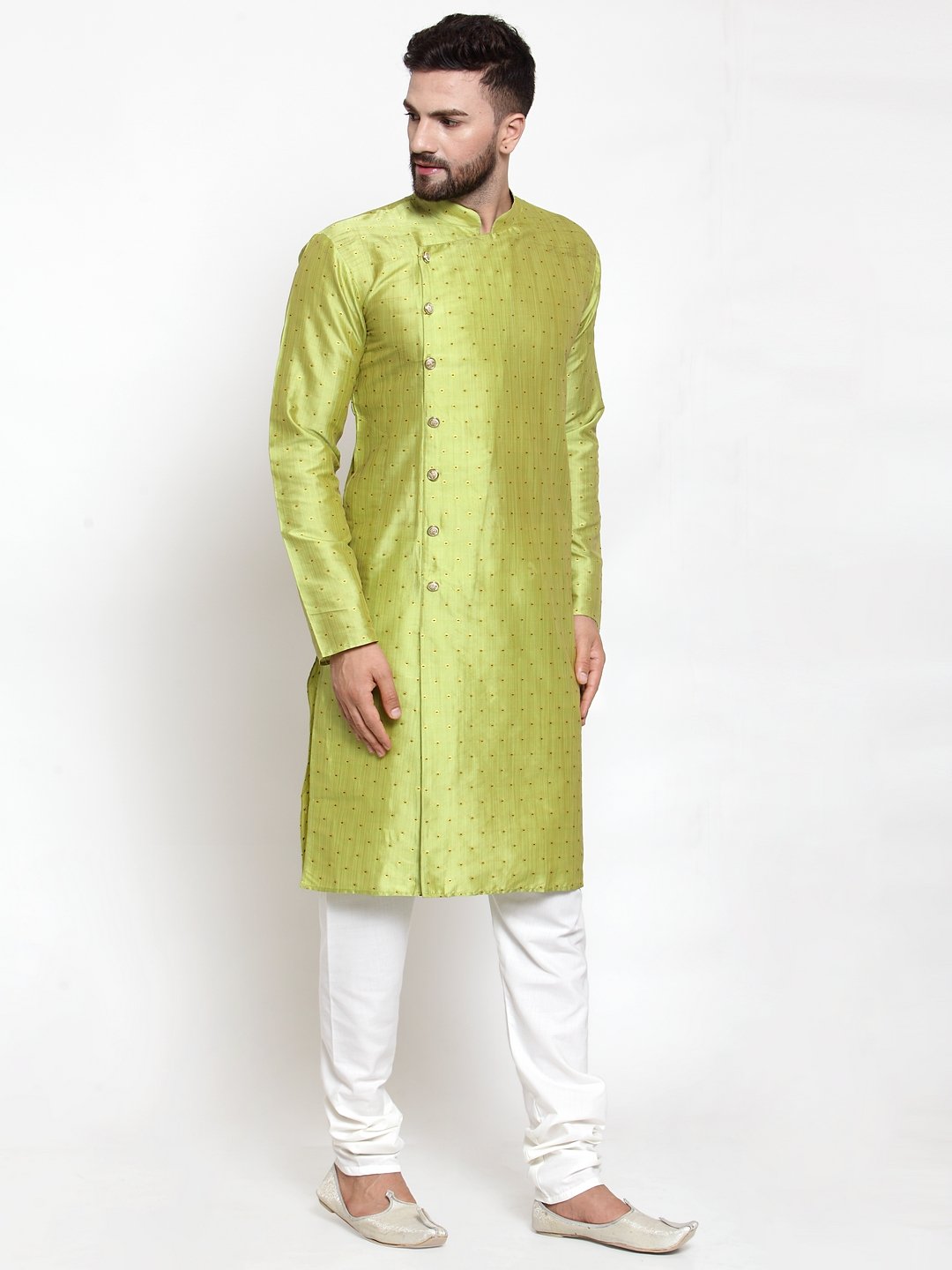 Men's Light-Green & Golden Self Design Kurta Only ( KO 590 Light-Green )