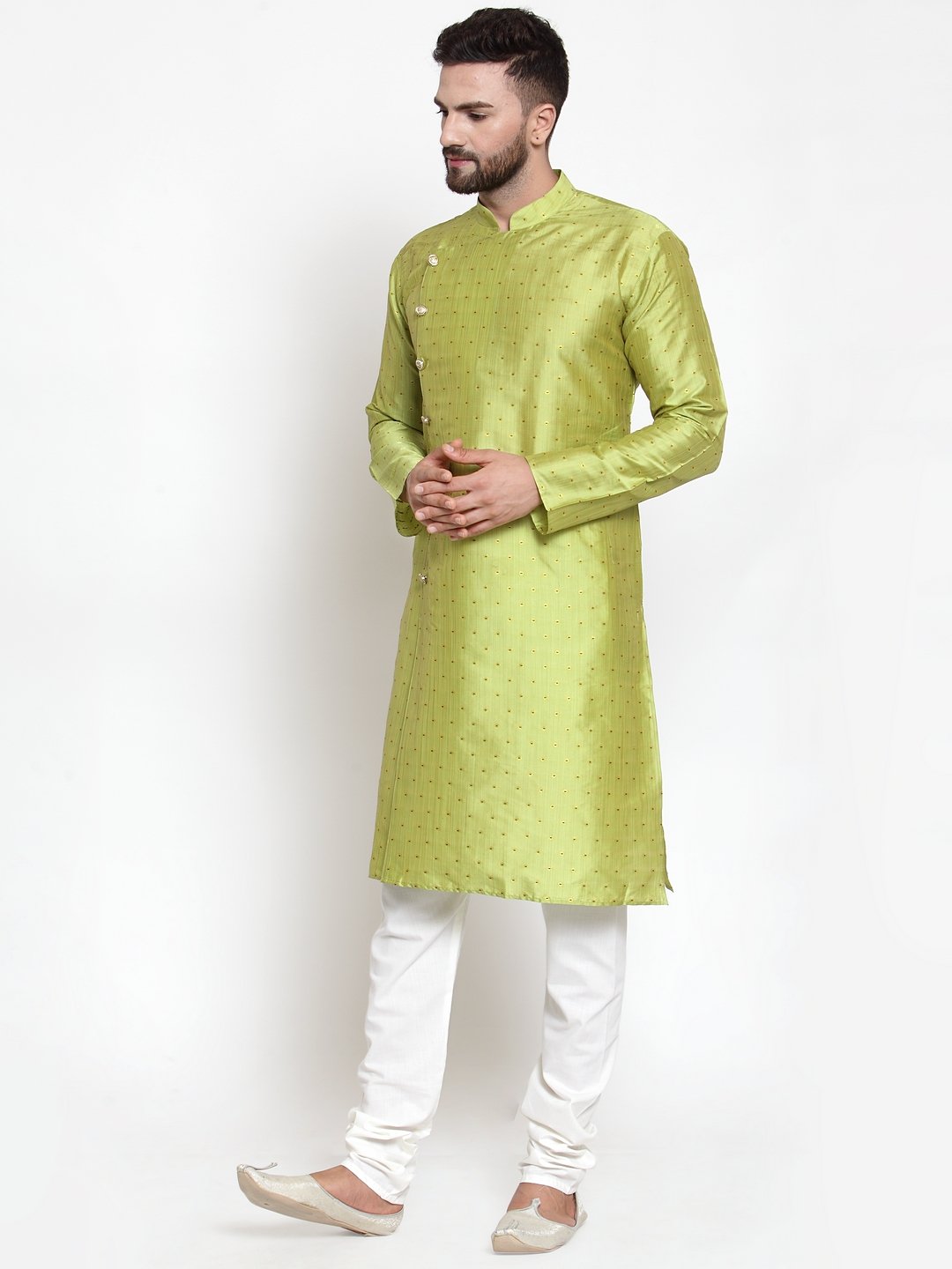 Men's Light-Green & Golden Self Design Kurta Only ( KO 590 Light-Green )