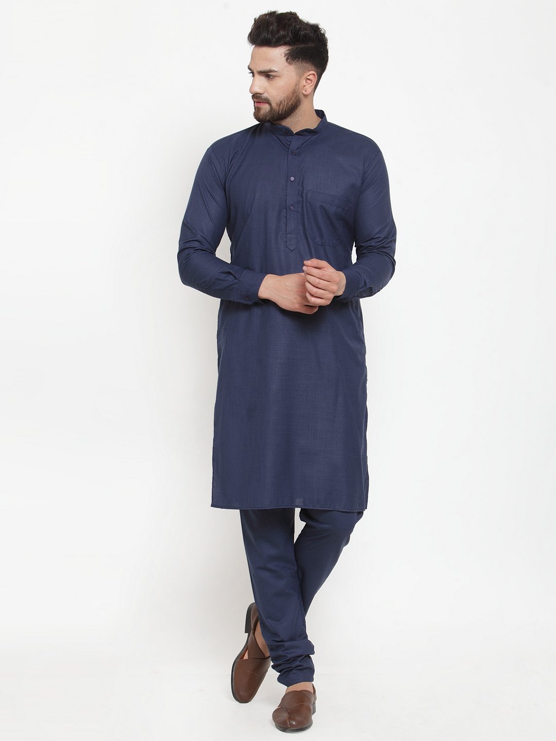 Men's Navy-Blue Solid Kurta with Churidar ( JOKP 592 Blue )