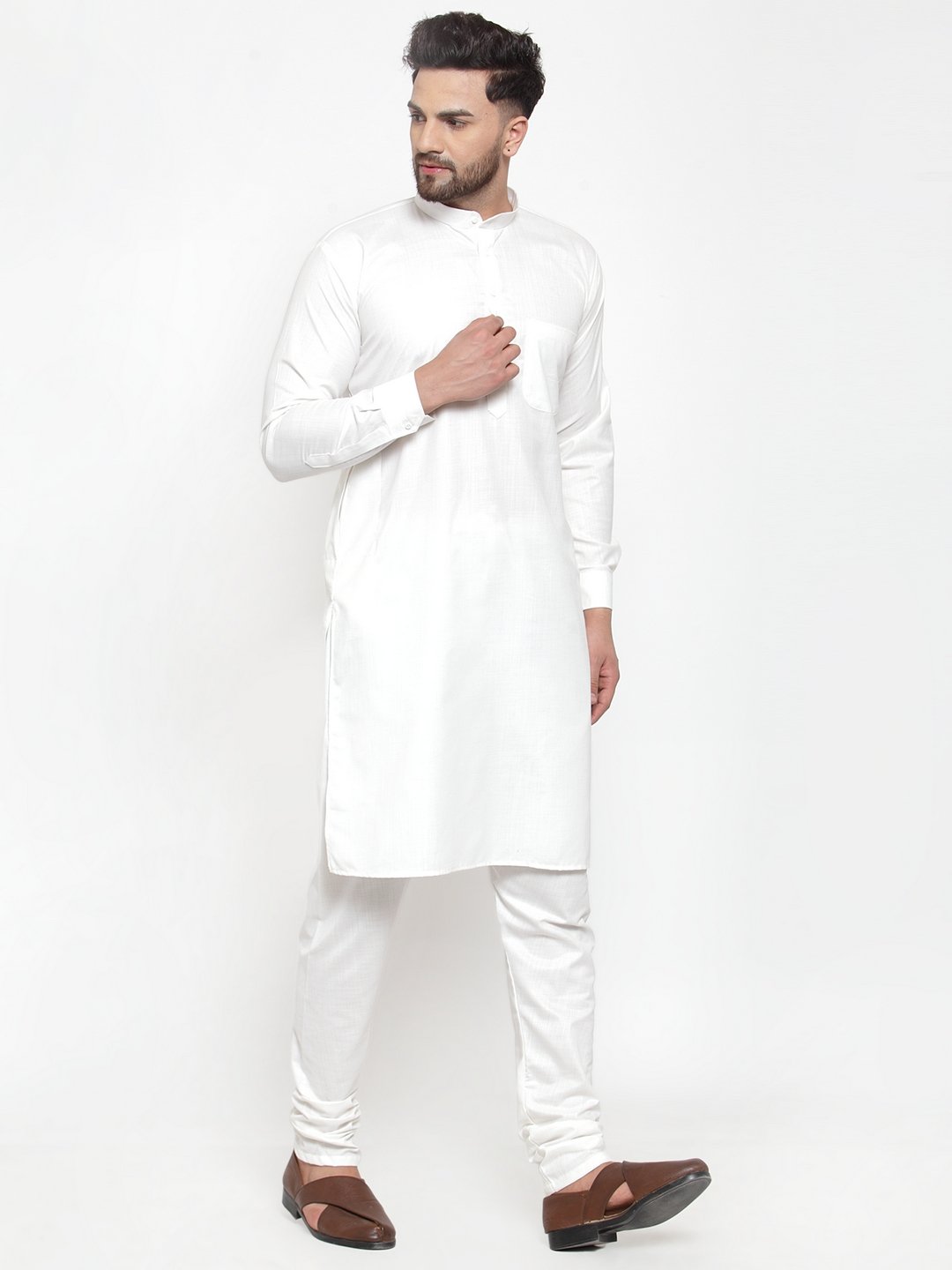 Men's White Solid Kurta with Churidar ( JOKP 592 White )