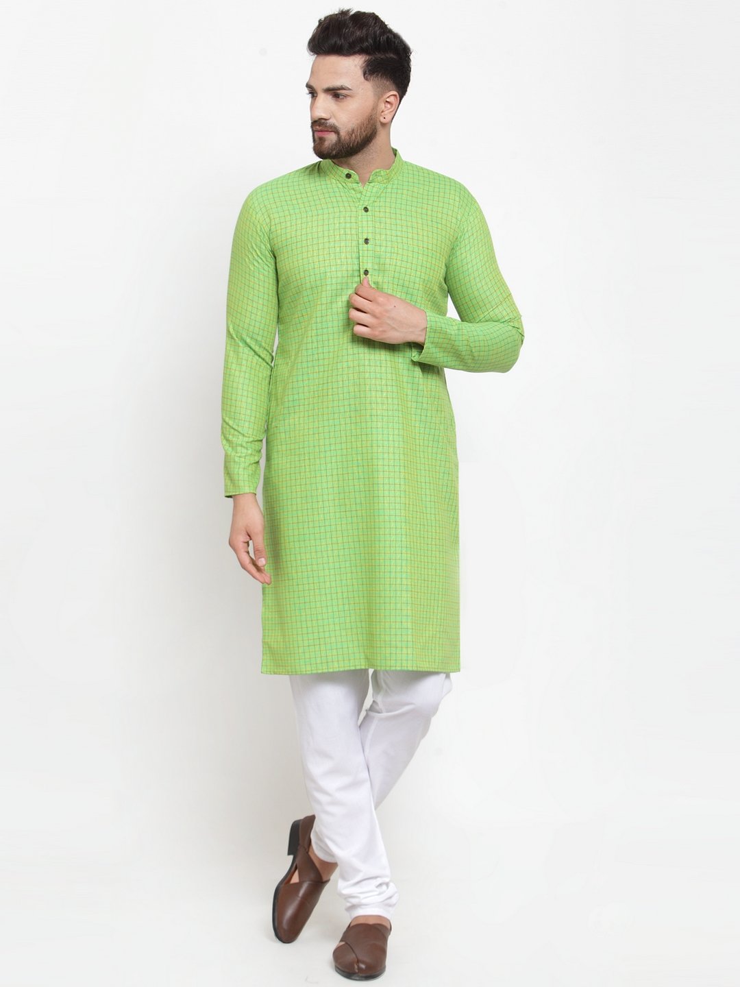 Men's Green Checked Self Design Kurta with White Churidar ( JOKP 603Green )