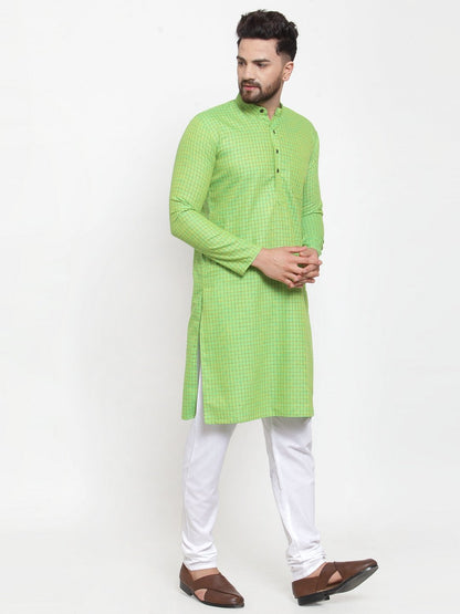 Men's Green Checked Self Design Kurta with White Churidar ( JOKP 603Green )