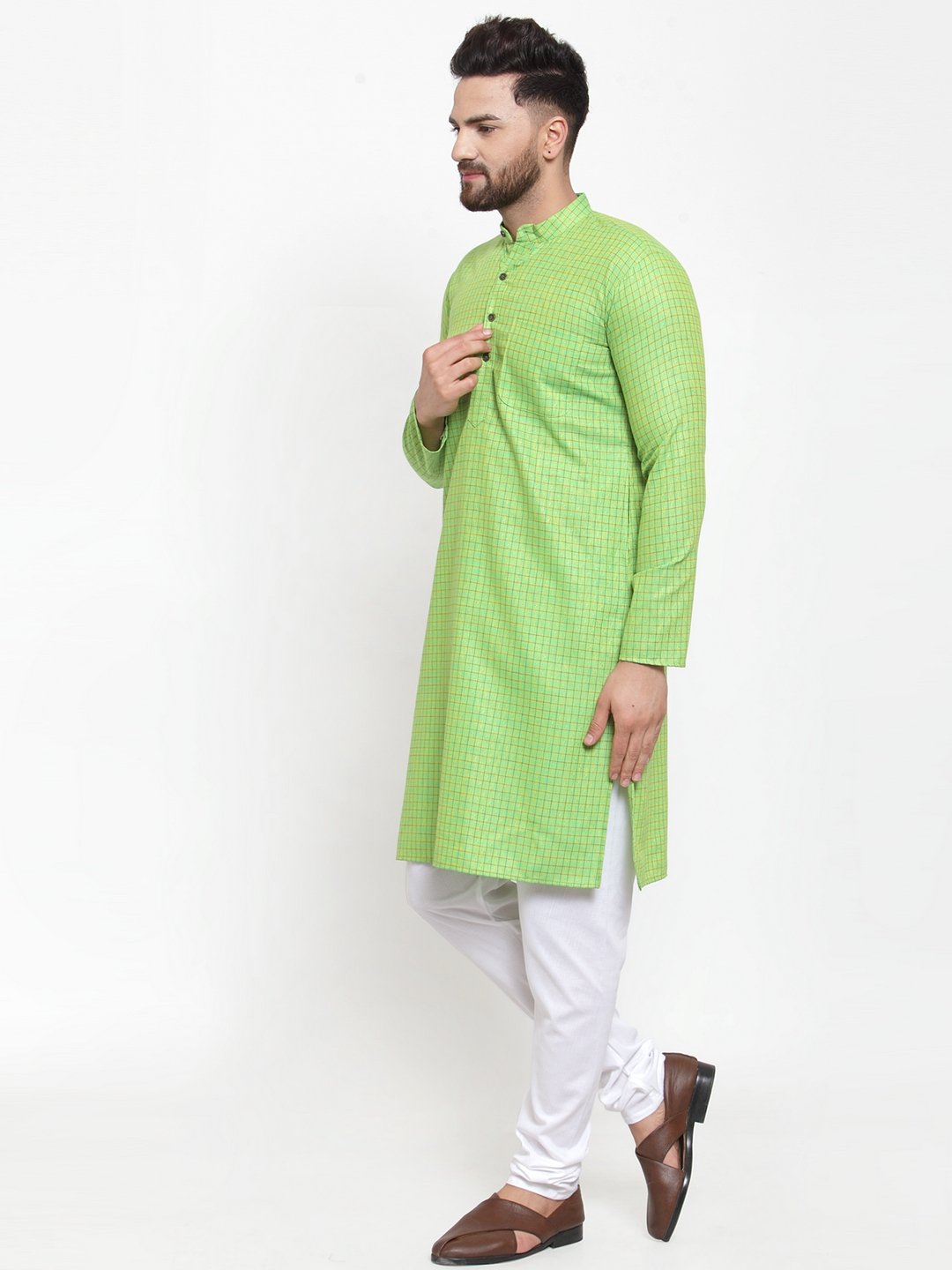 Men's Green Checked Self Design Kurta with White Churidar ( JOKP 603Green )