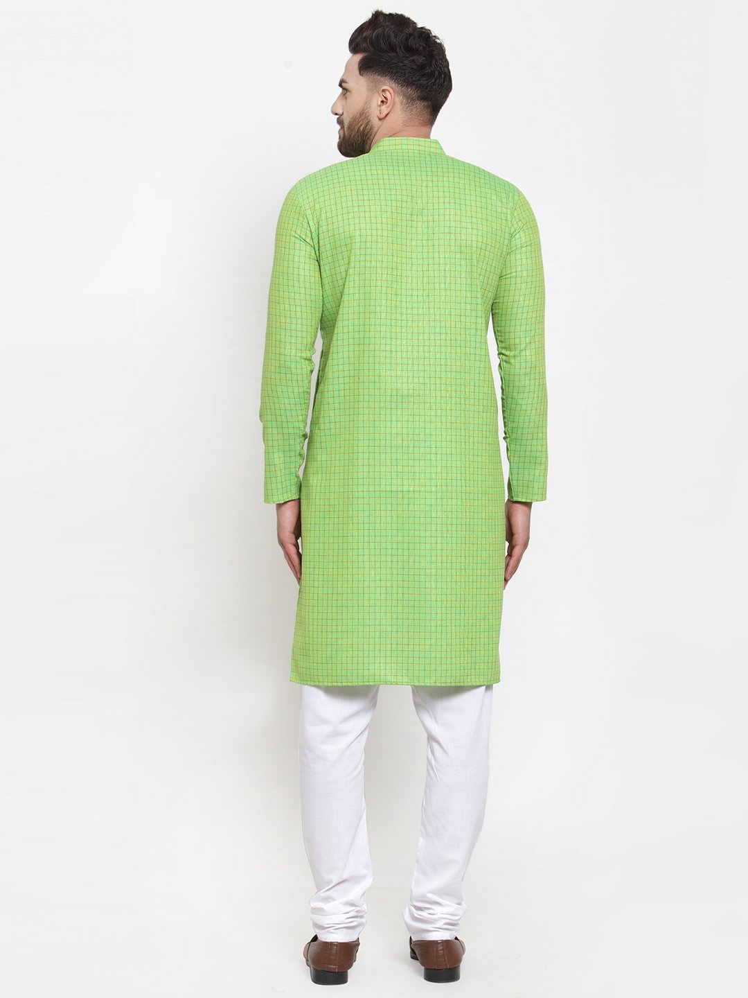 Men's Green Checked Self Design Kurta with White Churidar ( JOKP 603Green )