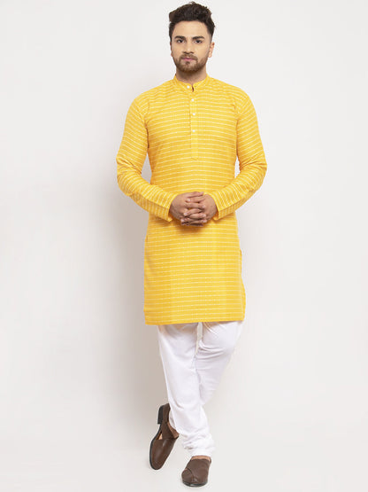 Men's Yellow Woven Design Straight Kurta with Churidar ( JOKP 616 Yellow )