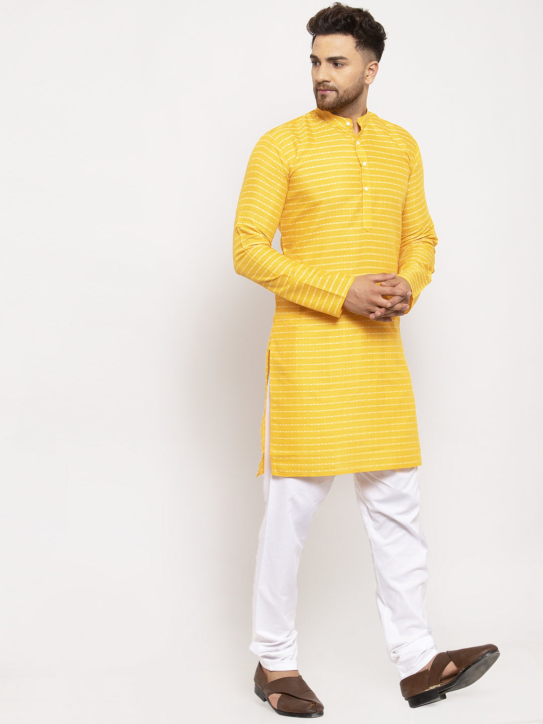 Men's Yellow Woven Design Straight Kurta with Churidar ( JOKP 616 Yellow )