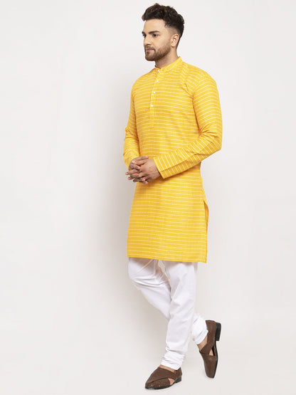 Men's Yellow Woven Design Straight Kurta with Churidar ( JOKP 616 Yellow )