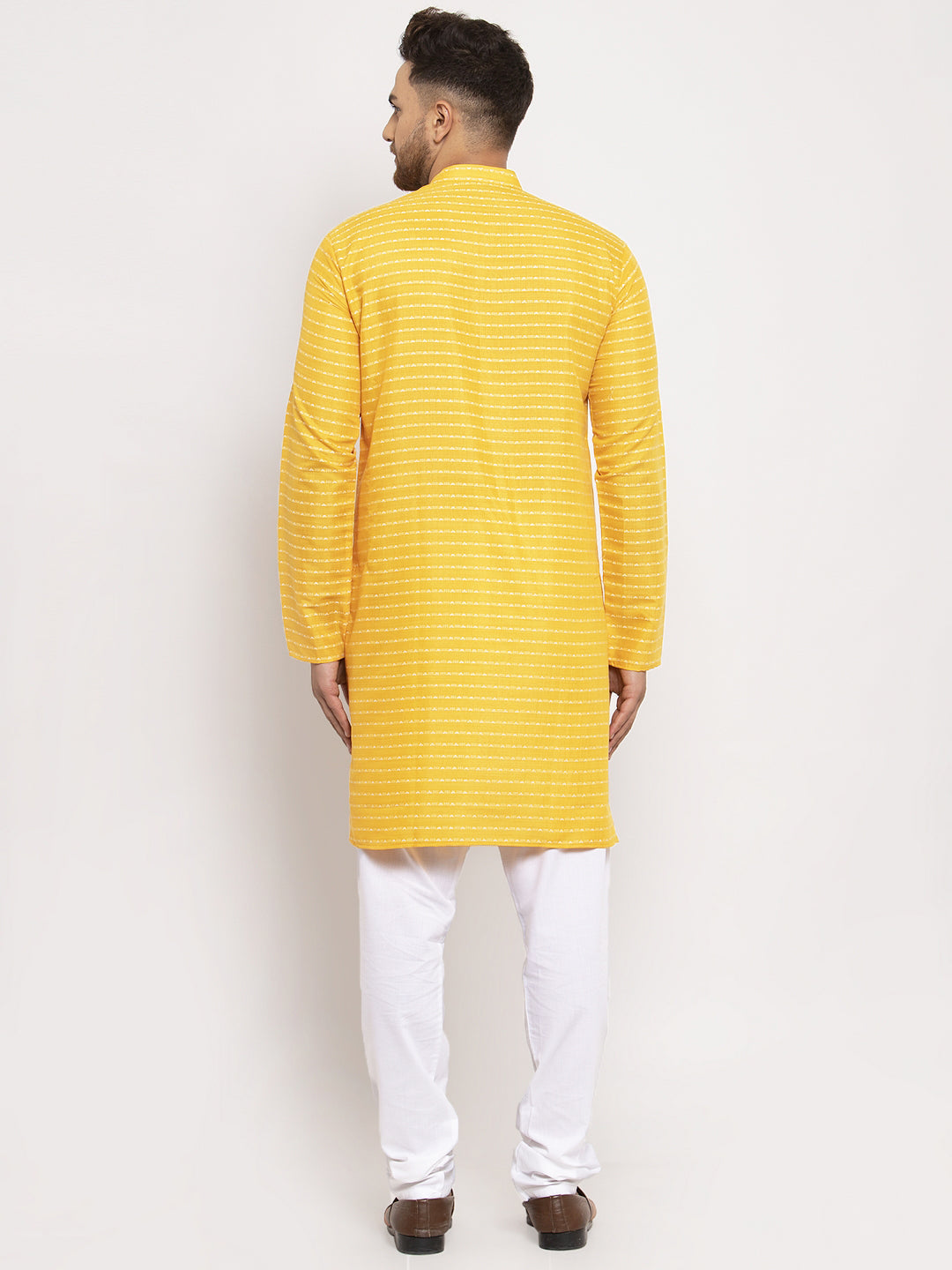 Men's Yellow Woven Design Straight Kurta with Churidar ( JOKP 616 Yellow )