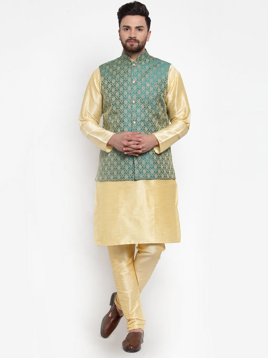 Men's Golden Solid Kurta with Churidar & Green Jacquard Nehru Jacket