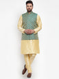 Men's Golden Solid Kurta with Churidar & Green Jacquard Nehru Jacket