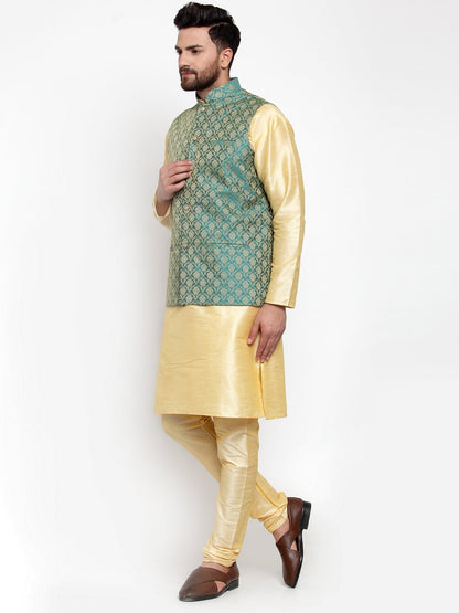 Men's Golden Solid Kurta with Churidar & Green Jacquard Nehru Jacket