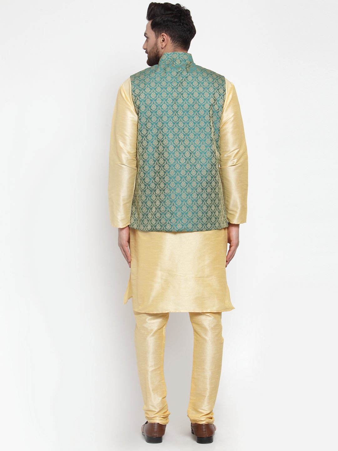 Men's Golden Solid Kurta with Churidar & Green Jacquard Nehru Jacket