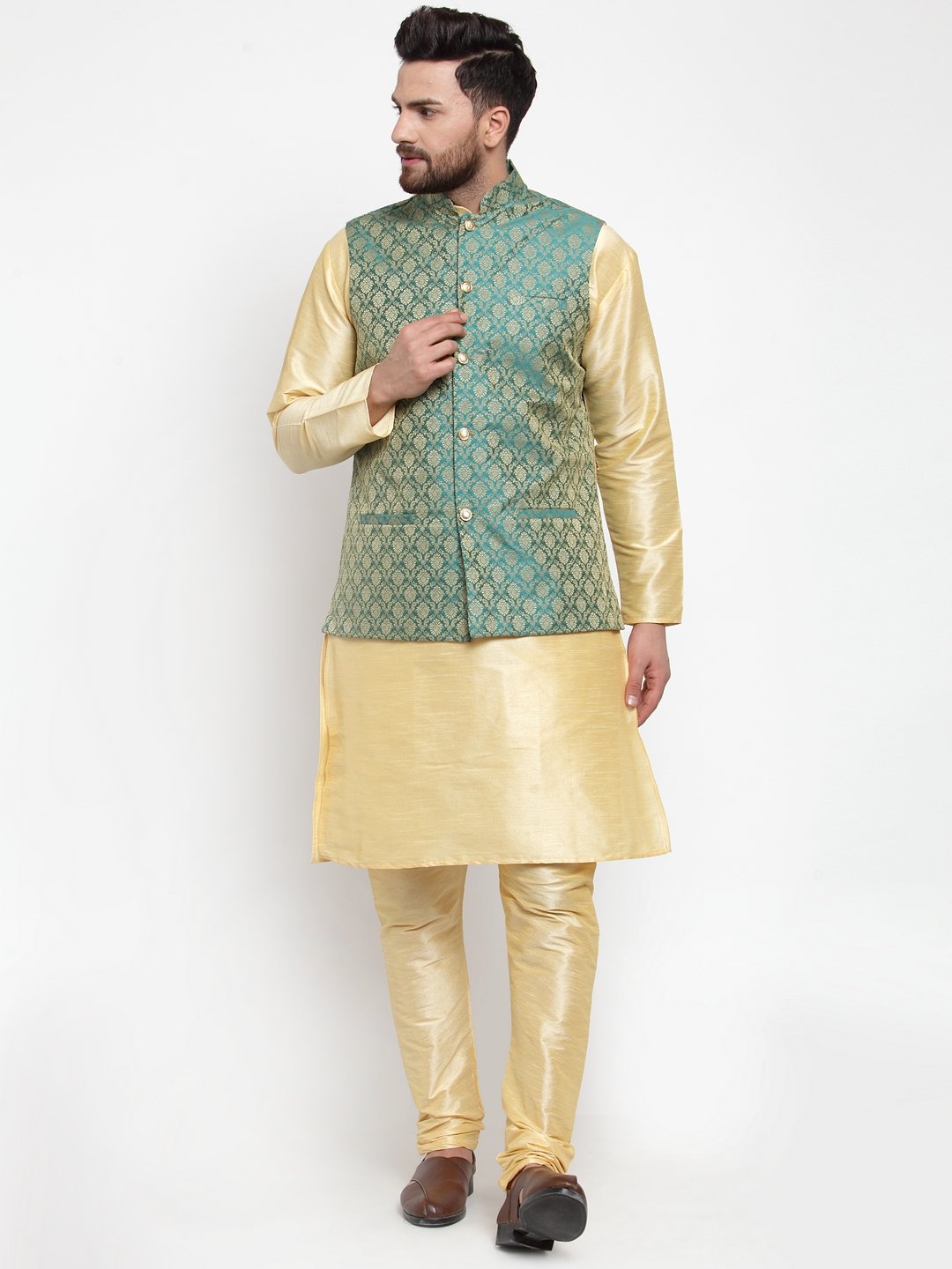 Men's Golden Solid Kurta with Churidar & Green Jacquard Nehru Jacket