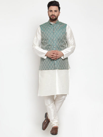 Men's Off White Solid Kurta with Churidar & Green Jacquard Nehru Jacket