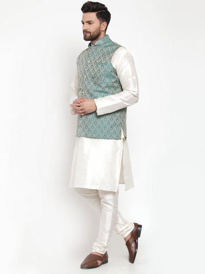 Men's Off White Solid Kurta with Churidar & Green Jacquard Nehru Jacket