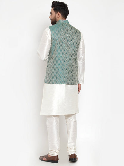 Men's Off White Solid Kurta with Churidar & Green Jacquard Nehru Jacket