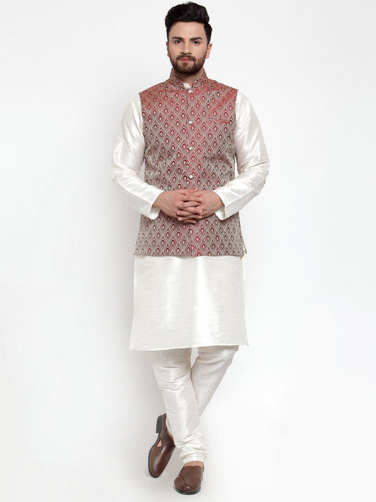 Men's Off White Solid Kurta with Churidar & Maroon Jacquard Nehru Jacket